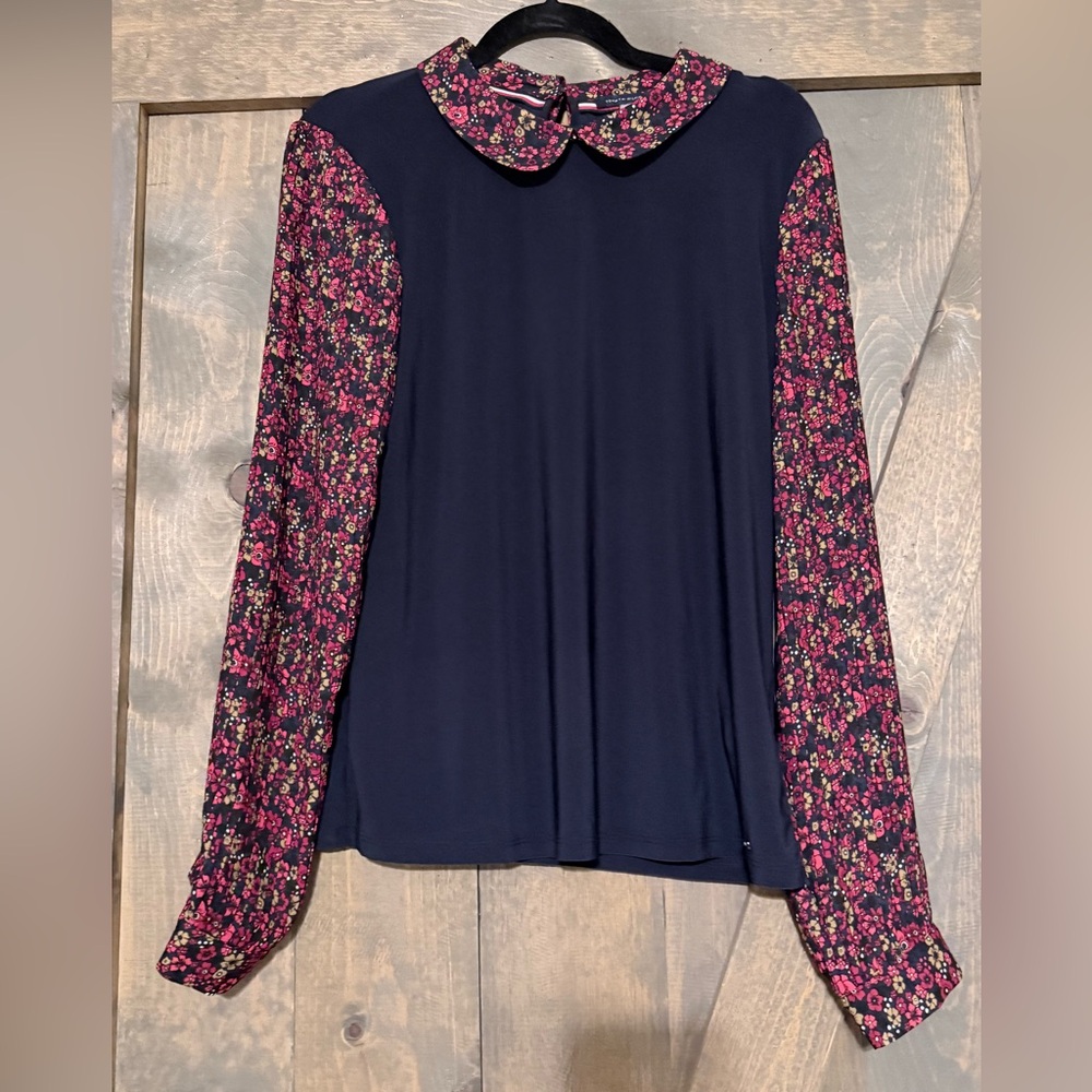 Tommy Hilfiger Navy Blouse with Floral Sleeves
